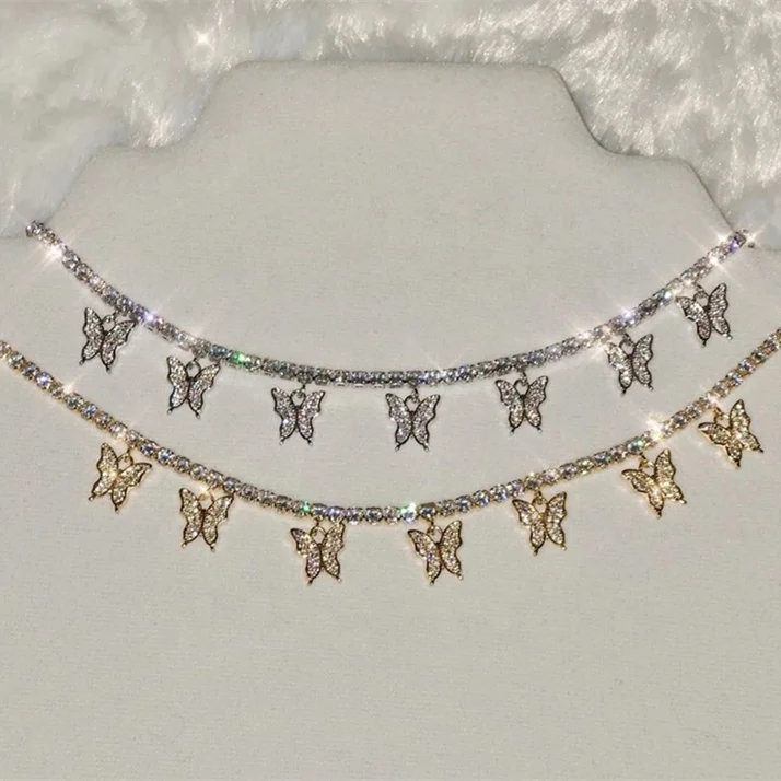 

2021 hot sale butterfly necklace cubic zirconia gold plated tennis pendant chocker necklace for women