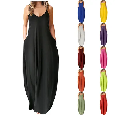 

016 Summer Newest Design V Neck Sling Solid Color Plus Size Dress Women Fashion Casual Maxi Dresses, Above color