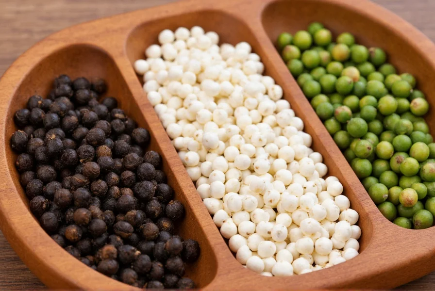 Close-up of black peppercorns, white peppercorns, and green peppercorns in wooden bowls