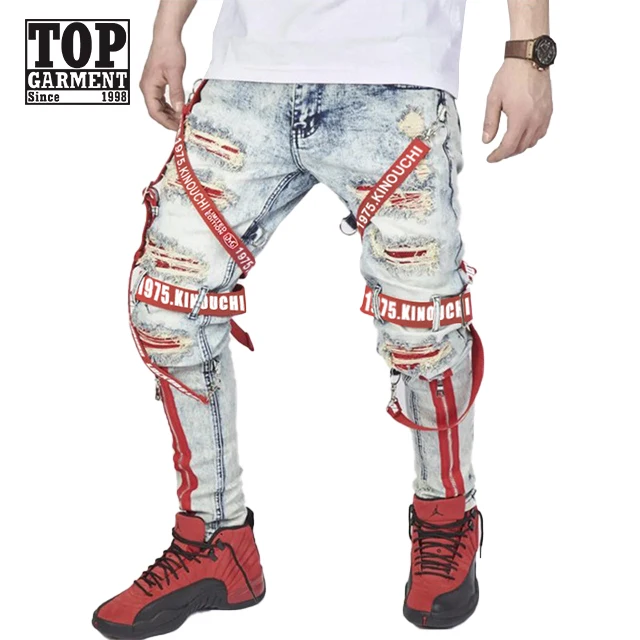 

2021 Men's designer skinny jeans with ribbons tattered zipper stacked jeans