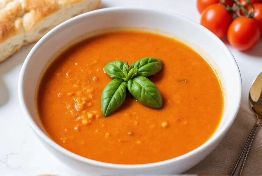 Creamy roasted tomato and pepper soup in white bowl with fresh basil garnish and crusty bread on side