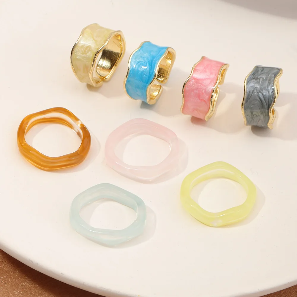 

OUYE Glazed open ring ins retro color drip irregular enamel index finger ring 2 piece set for women, Colorful