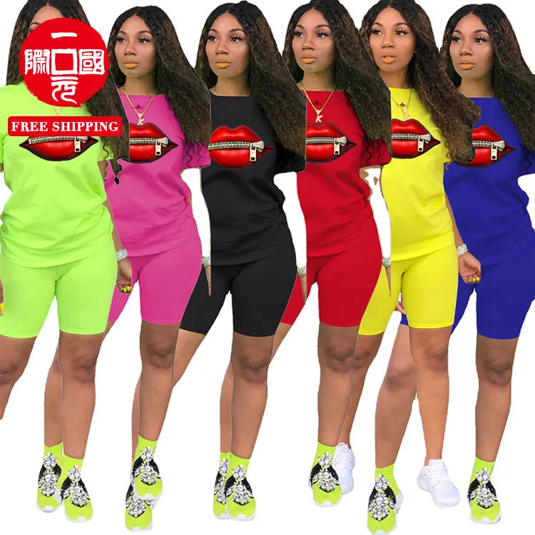 

2021 European and American four-color round neck lip pattern short sleeve sports two-piece women's suits