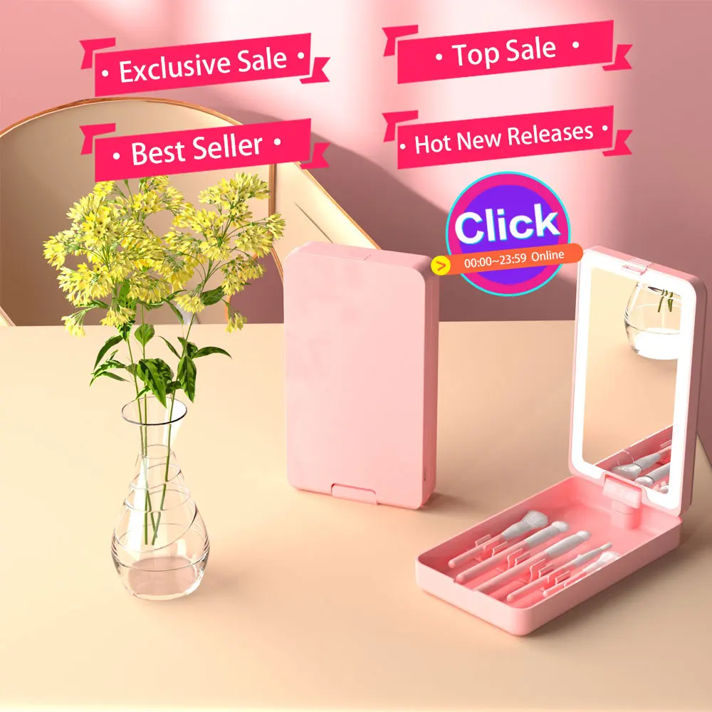 

Personalized Vintage Led Makeup Brush Set Professional Private Label Brush Case Mirror With Led Light Best Makeup Supplier, White/pink