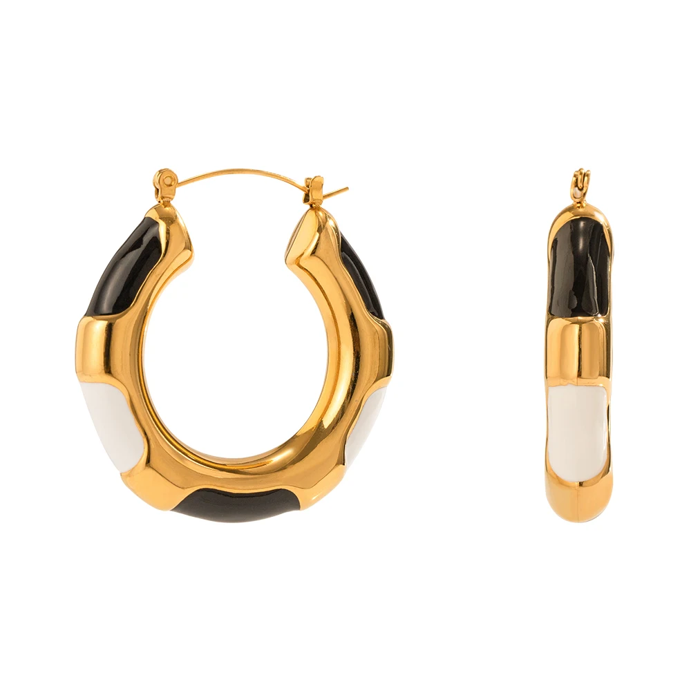 

Trendy 18K Stainless Steel Gold Plated Jewelry Gift Black White Dripping Oil Hoop Enamel Earrings for Women