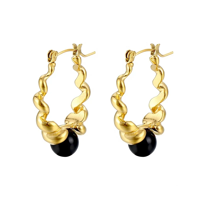 

Wholesale Custom Plated 18K Gold Stainless Steel Cast Jewelry Black Bead Twisted Hoop Earrings For Women Girls