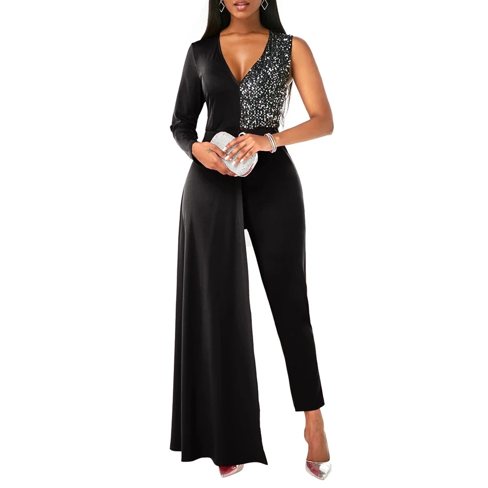 

Drop Shipping Fashionable Sexy V-neck Sequin Covered Bodycon Plus Size Women One Piece Romper Jumpsuit, Customized color