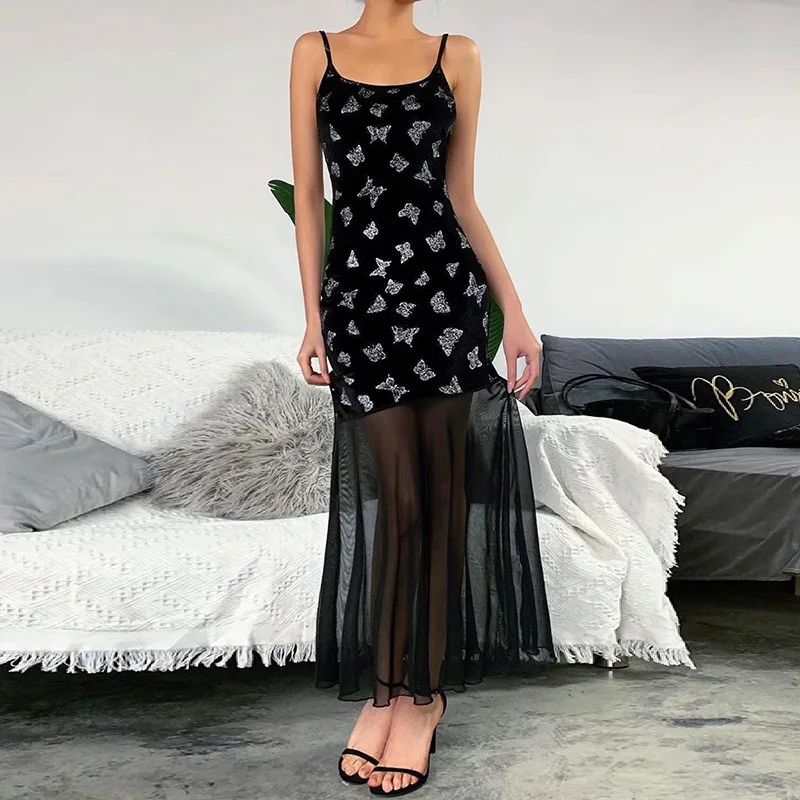 

2020 new arrivals summer fashion women spaghetti strap velvet fabric women long sexy casual dress