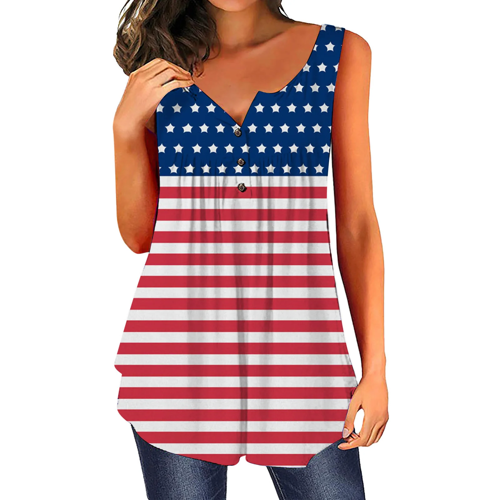 

Wholesale casual lady tank top american flag pattern tank clothes flag printed sleeveless round neck shirt