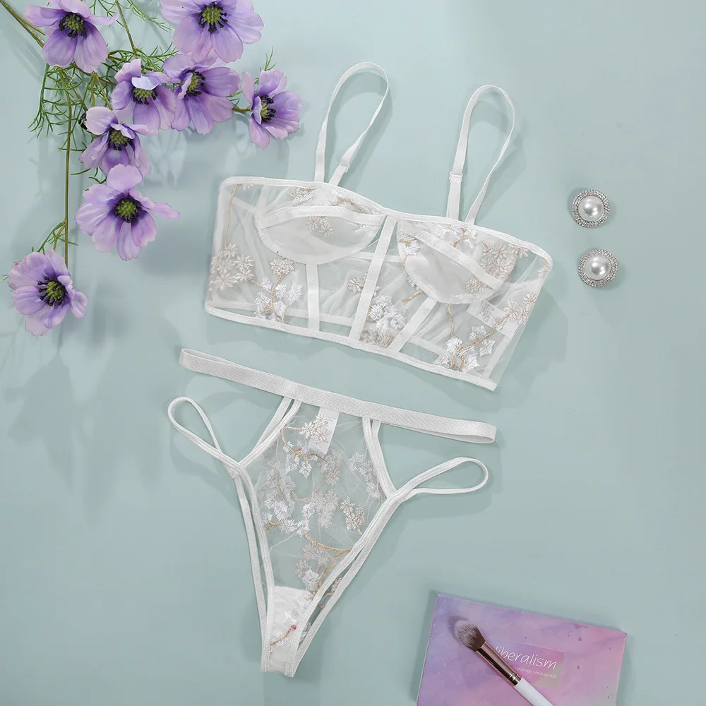 

Ladies Sexy Temptation See-through Floral Embroidery Mesh Underwear Panty Bandage Lingerie Bra Briefs Set