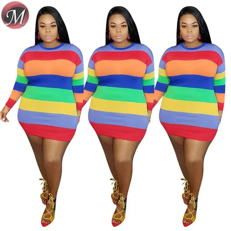 D909002 new style casual long sleeve O-neck stripe print fashion mini Dress Plus Size Women Clothing summer dresses women