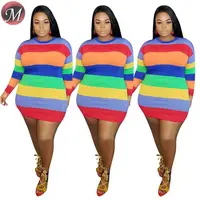 

D909002 new style casual long sleeve O-neck stripe print fashion mini Dress Plus Size Women Clothing summer dresses women