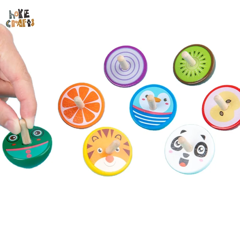 

Top popular kids wooden toys fruit and animal multiple design mini funny wood spinning top