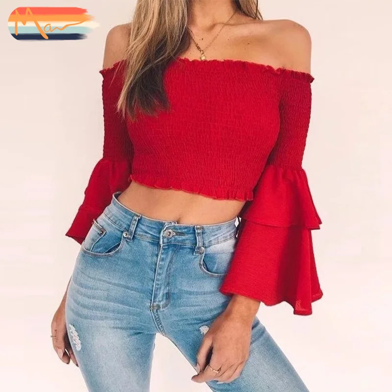 

Maxnegio women off shoulder ruffles blouse off the shoulder crop top