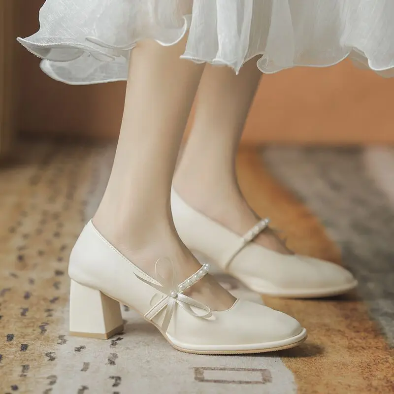 

Square Head Bow Mary Jane Shoes Women Mid Heel Retro Pearl Single Shoes Ladies High Heels, Black, orange, beige, blue, yellow
