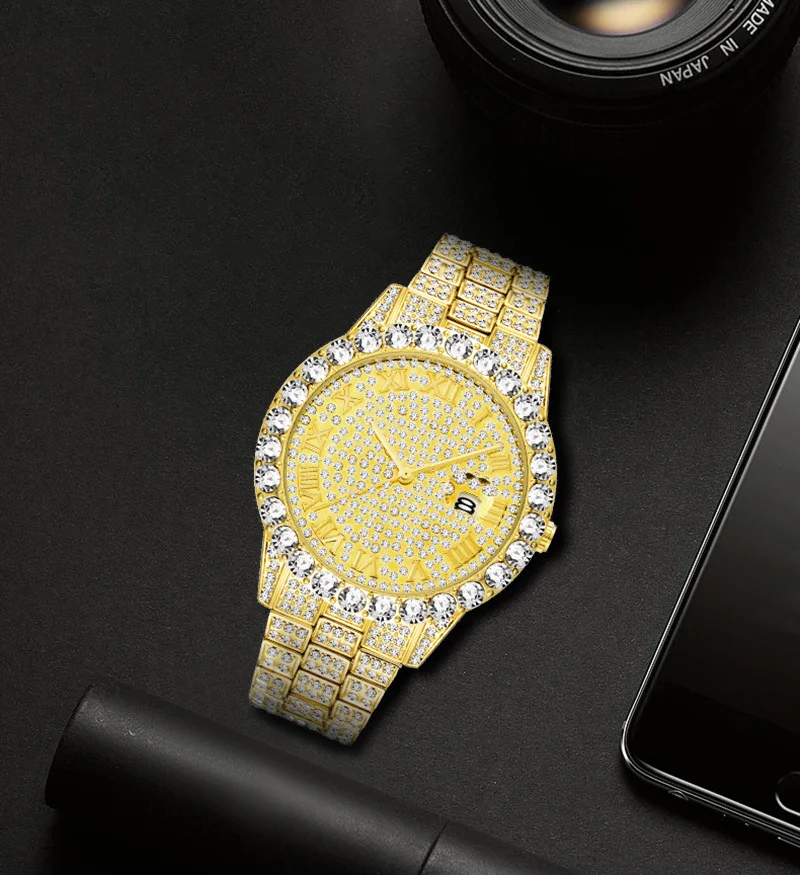 

2021 New Hip Hop Jewelry Iced Out Crystal Quartz Watches Stainless Steel Roman Numerals Watches 18K Gold Diamond Bezel Watch
