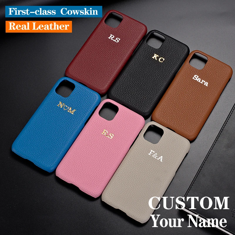 

Custom Pebble Grain Genuine Leather Luxury Gold Initial Name Phone Case Cover For iPhone 1113Pro Max X XS XR Max 7 8 7Plus 8Plus, Mix colors