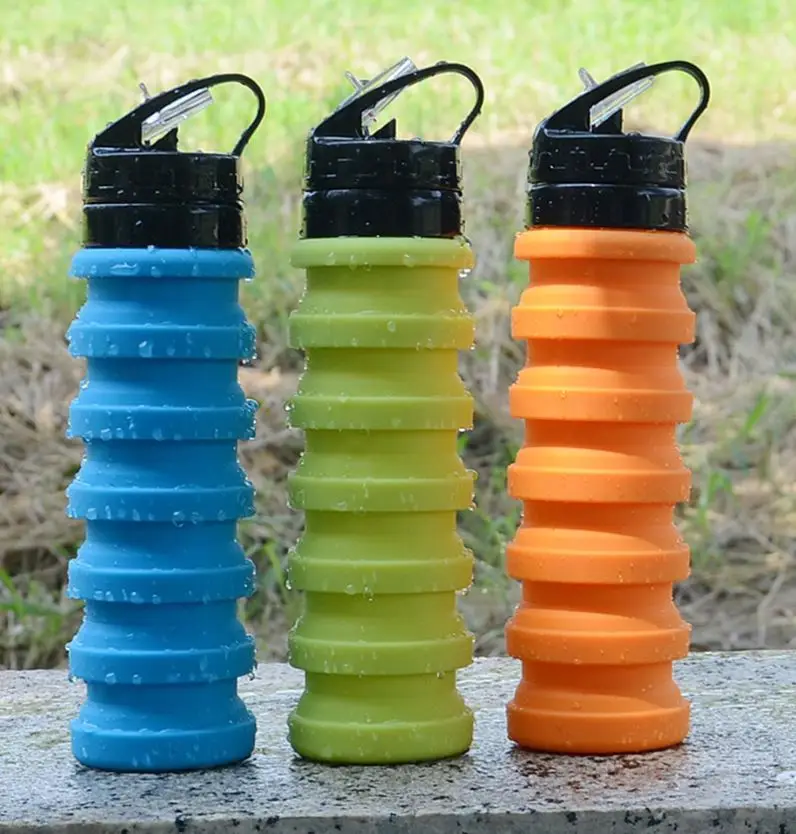 

600ML Eco Friendly BPA Free Foldable Sports Silicone Water Bottle, Deep blue,black,sky blue,orange and green