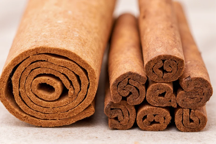 Close-up comparison of Ceylon cinnamon quills versus Cassia cinnamon sticks showing the layered structure of Ceylon and solid single layer of Cassia