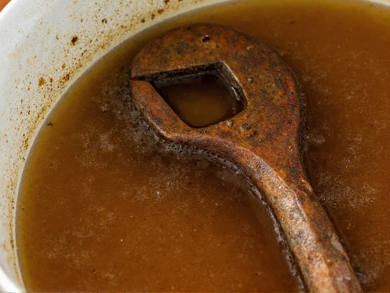 Rusted wrench submerged in vinegar with bubbling action