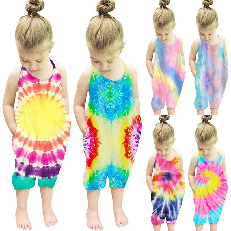 

Summer Kids Tie Dye Overall Sling Jumpsuits Clothes Children Boutique Girl Romper Climbing Clothing M114