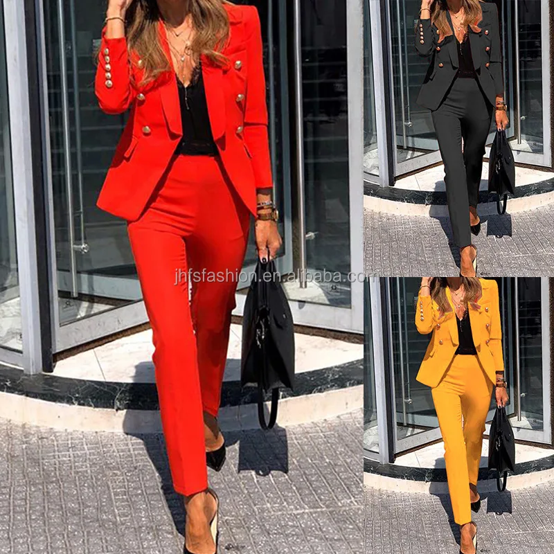 

J&H fashion dropshipping solid color blazer women two piece pants set ladies office wear