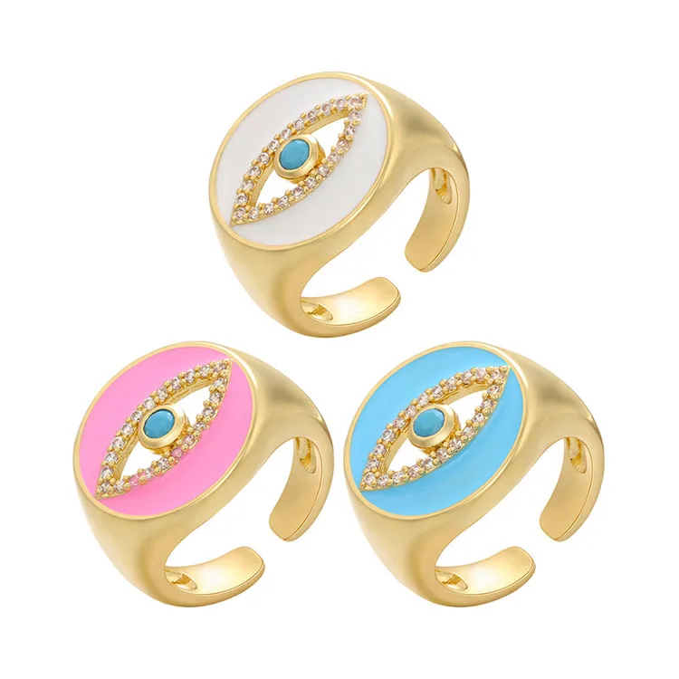 

RM1240 Brass Metal CZ diamond micro pave evil eyes enamel adjustable cuff Rings