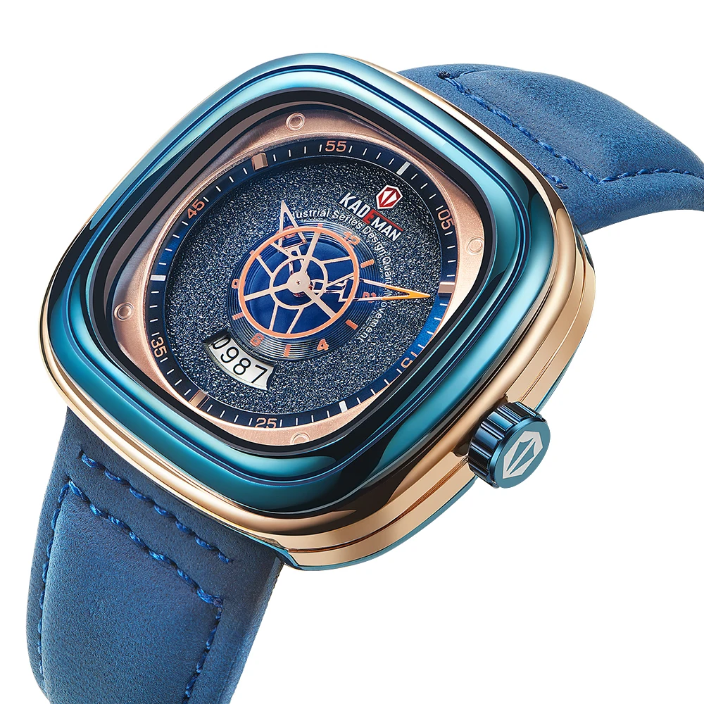 

2019 Luxury Men Watch Fashion Square Quartz Watch TOP Brand KADEMAN Casual Blue Leather Wristwatches Business Relogio Masculino