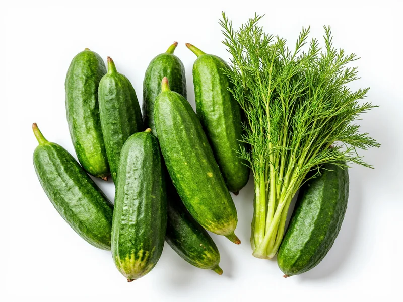 Fresh cucumbers and dill sprigs arranged for pickling