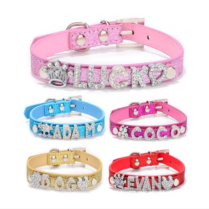 

Customized rhinestone rhinestone crown in a variety of colors leather DIY alphabet letters name pet dog collar