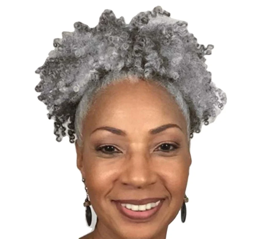 

Gray hair ponytail salt light grey silver afro ponytail hair extension clip Remy afro kinky curly drawstring ponytails grey hair