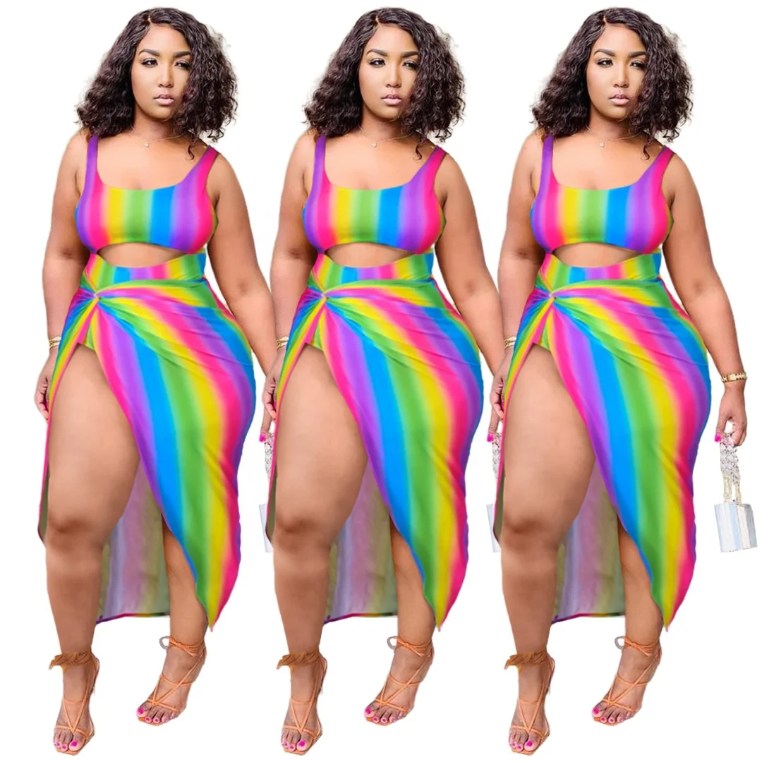 

MT66-7020 New Style Plus Size Women Clothing Printing Gradient Hem Split Bikini Beach Sexy Swimsuit Two Piece Set