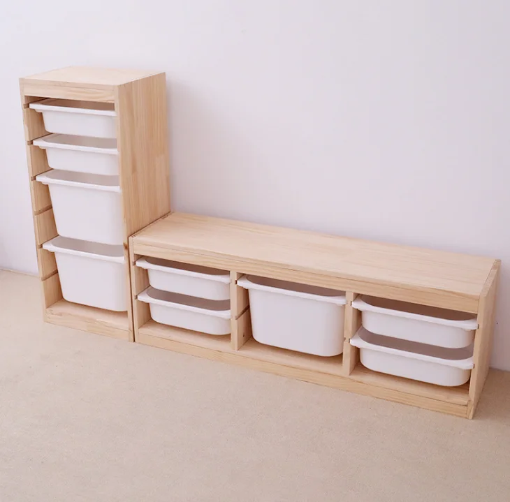 

High Quality Wooden Children Furniture Kids Cabinet With Plastic Storage Box, Natural wood color