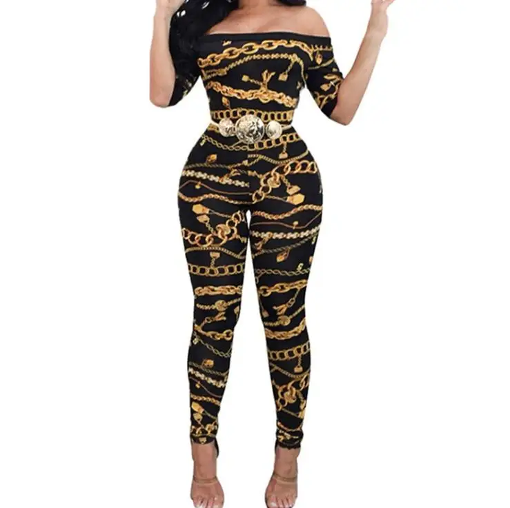 

Factory Women Gold Black Chains Printing Track Suit Office Wear Dress Off Shoulder Skinny Waist Short Sleeve Long Pants Rompers, Shown