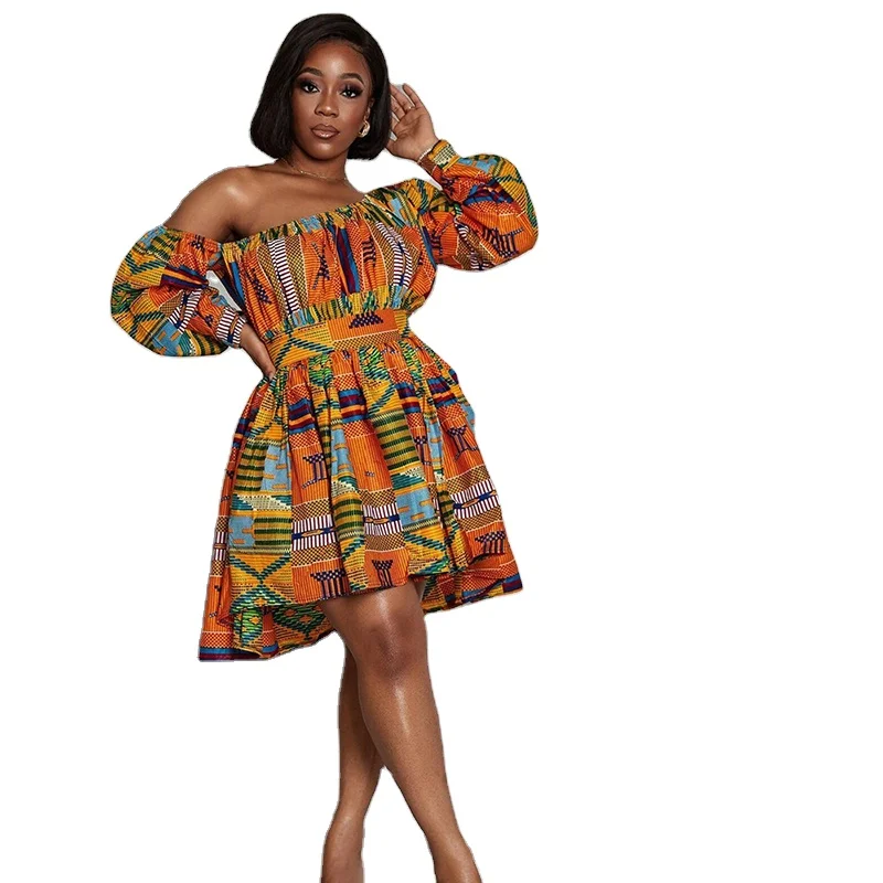 

Visualize 2021 hot-selling fashion print design oblique shoulder long sleeve ladies casual dress, Customized color