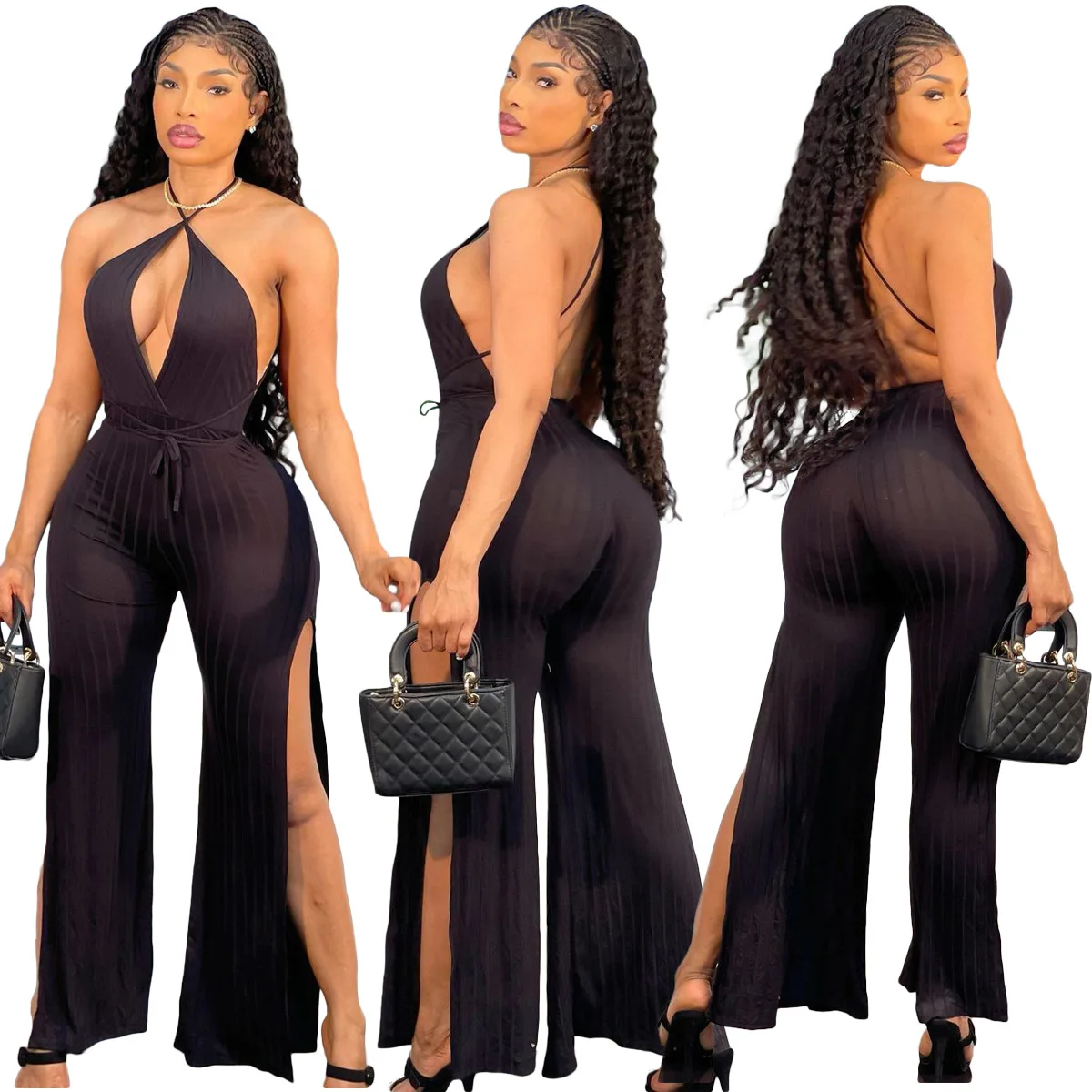 

New style hanging neck solid color women jumpsuit Deep V split jumpsuit bodysuits jumpsuits for women sexy, Picture color