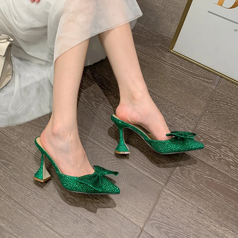 

2021 new close pointed toe rhinestones crystal women bow tie slippers, Silver , green