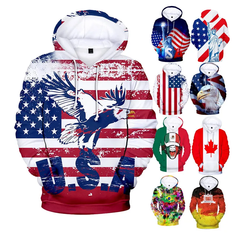 

EVERTOP OEM Clothing Manufacturers Custom Anime Clothes Hooded Plus Sweats Thick Fleece USA Flag Custom Embossed Hoodie For Men