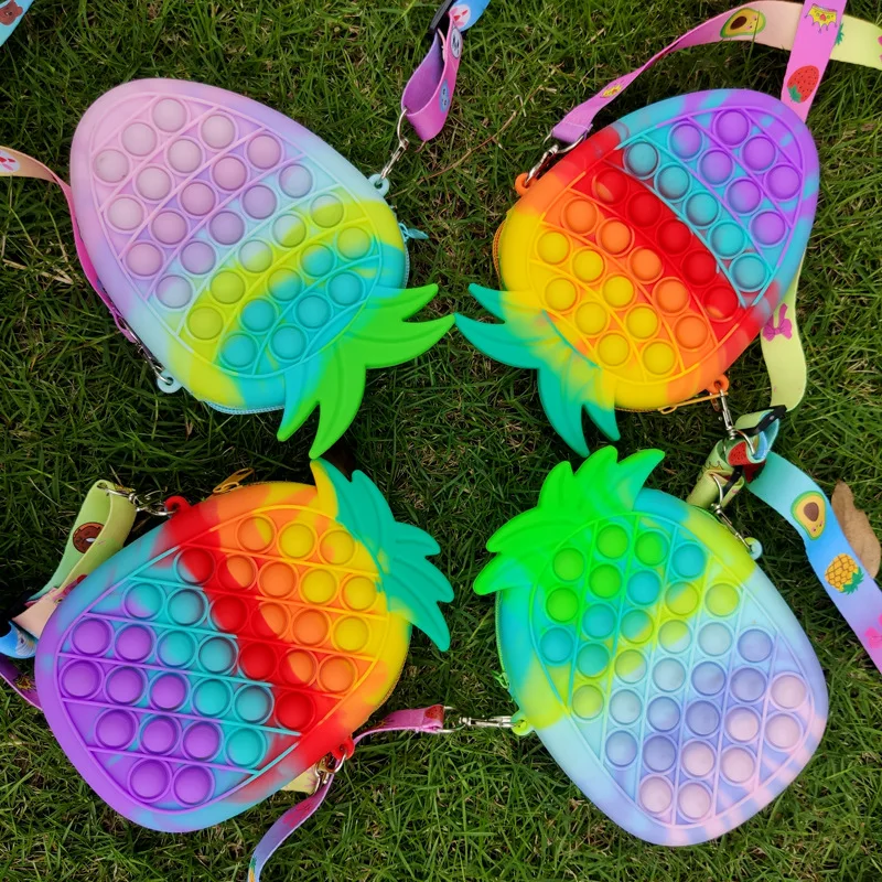 

Kids Outdoor Bubble Handbag Fidget Toys Bag Silicone Purse Girl Pineapple Outdoor Pop It Bag For Christmas Gift, As photo