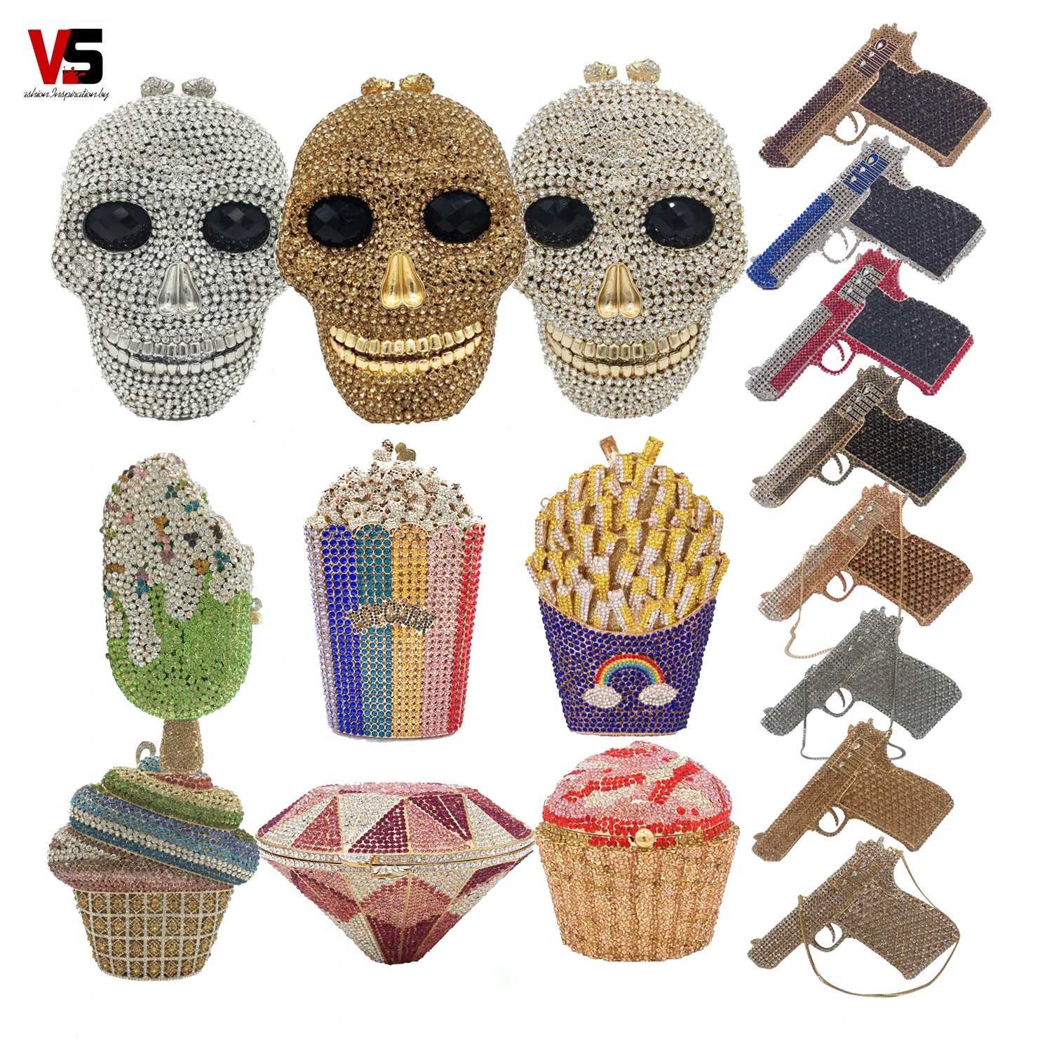 

Grace hot selling wedding bridal bling diamond party skull handbag rhinestone ice cream clutch popcorn gun purse evening bags, As picture