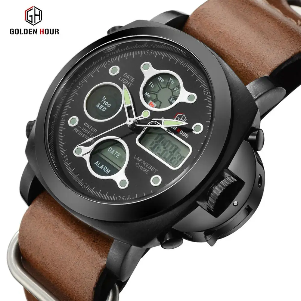 

GOLDENHOUR brown quartz fashion smart watch water resistant luxury wristwatch sport watches for men