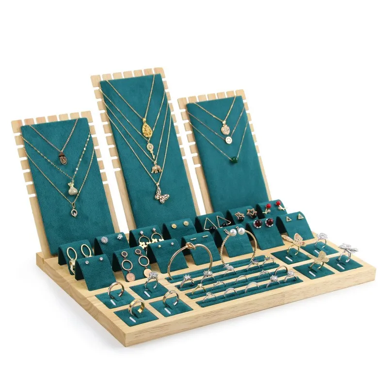 

Microfiber Wood Jewelry Set Display Tabletop Show Organizer Holder For Earrings Rings Bangle Necklace, Green