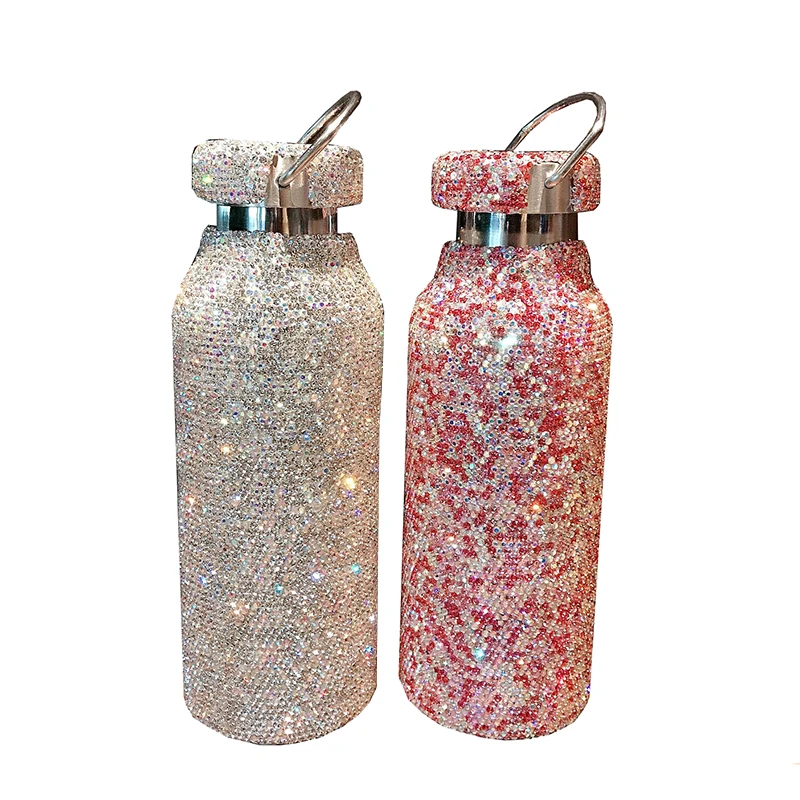 

New Hot-selling Portable Chain Strap Diamond Rhinestone Stainless Steel Vacuum Water Bottle Girl Woman Fashion Gift Water Cup, As picture