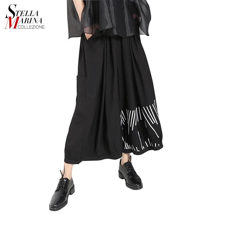 

2019 Hot Selling Women Wide Leg Harem Pants Plain Black Loose Elastic Waist Polyester Casual Trousers For Women