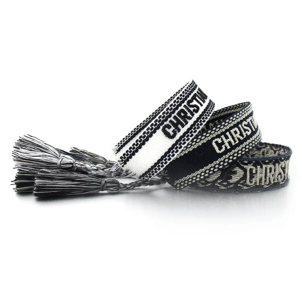 

Custom Luxury Fabric Woven Letters Bracelet Tassel Adjustable Thread Wrist Strap Wrap Braided Bracelets For Women
