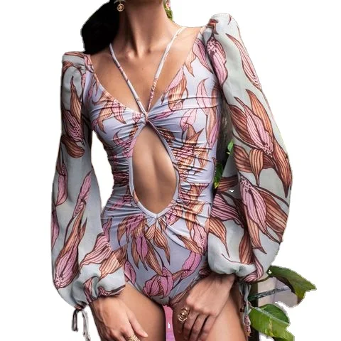 

Wholesale Long Sleeve One Piece Bathing Suit Flower Print Bikini Sexy Sling Bikini Women
