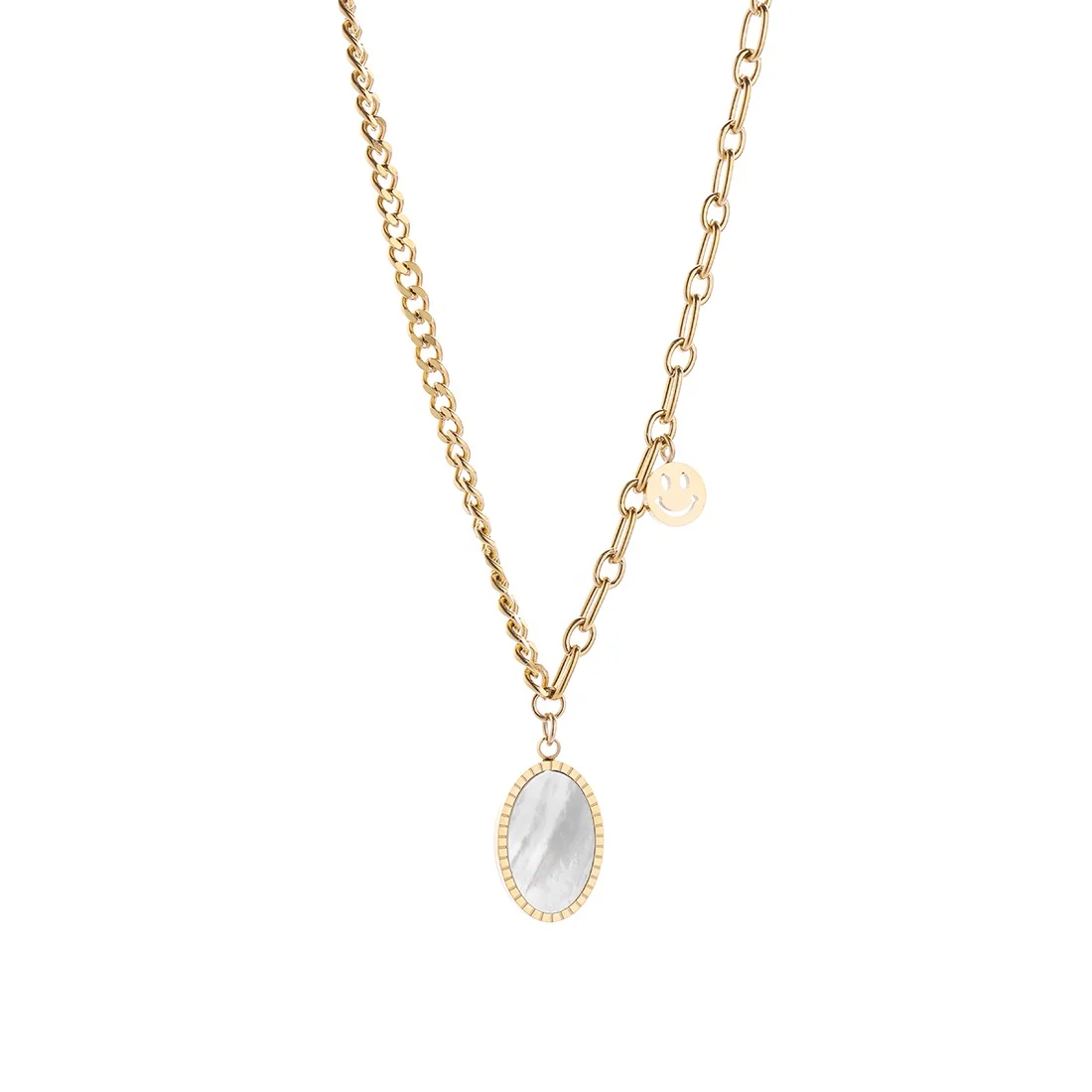 

Qian Zuyin Fashion Jewelry Coconut Round Pendant Clavicle Chain Woman 18K Gold Natural Shell Necklace Smiley Necklace, Gold color