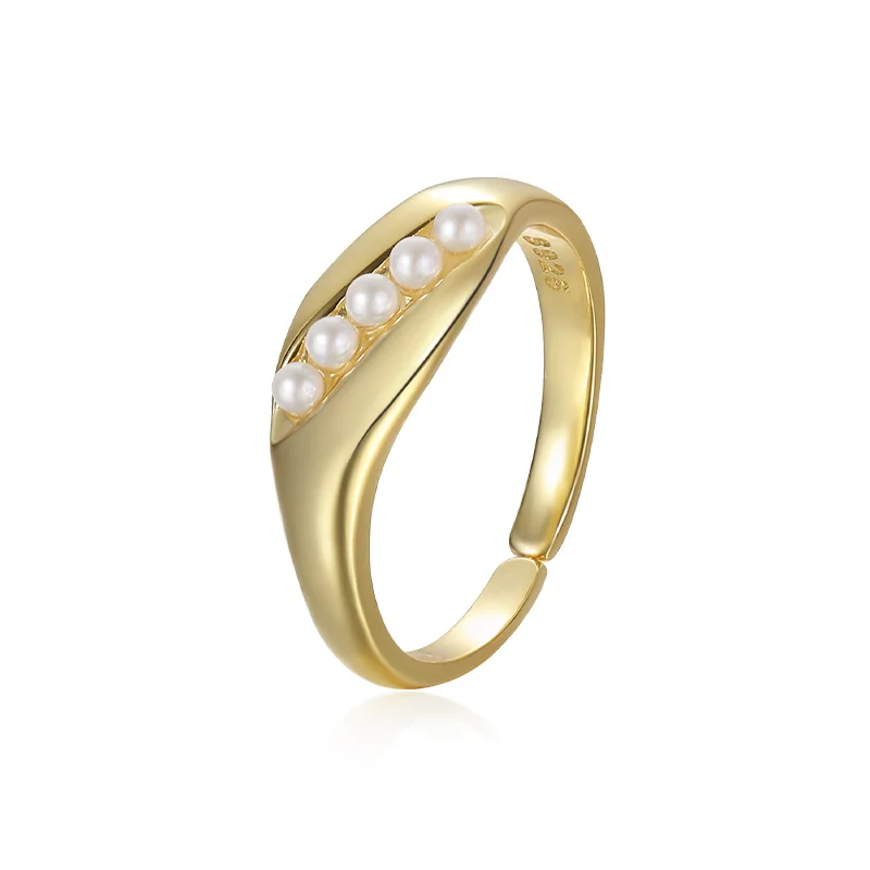 New 925 Sterling Silver Women Fine Jewelry 18K Gold Plated Synthetic Pearls Pearl Open Finger Rings Adjustable