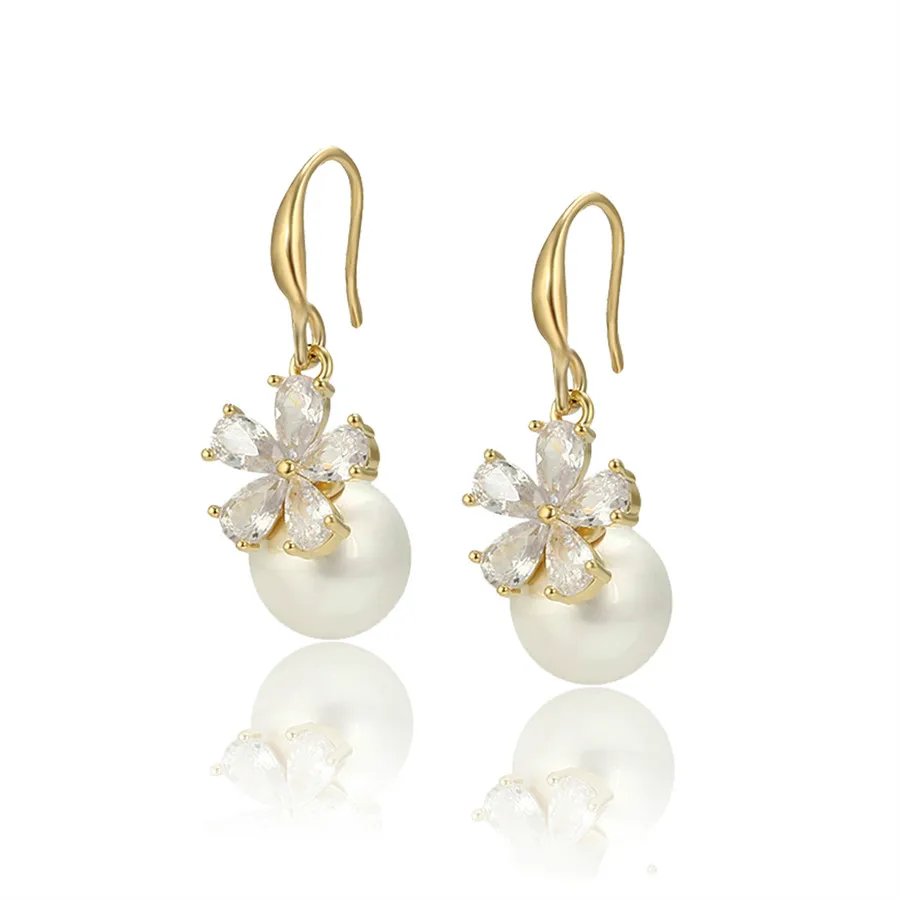 

BLE-1322 Xuping Jewelry Elegant Classic Flower Pearl Premium Quality 14K Gold Diamond Set Earrings