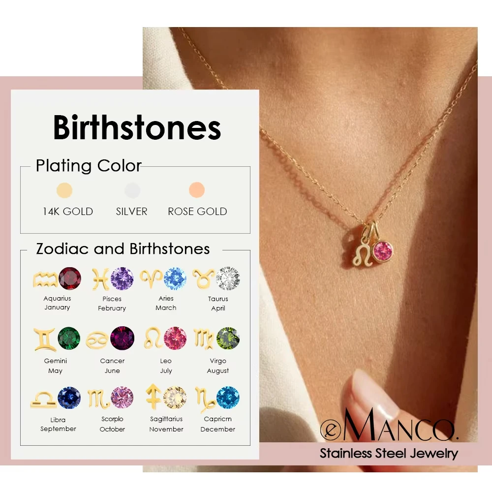 EManco Stainless Steel Gold Plated 12 Zodiac Signs Birthstone Necklace Set DIY Pendant Necklace Link Classic for Anniversary